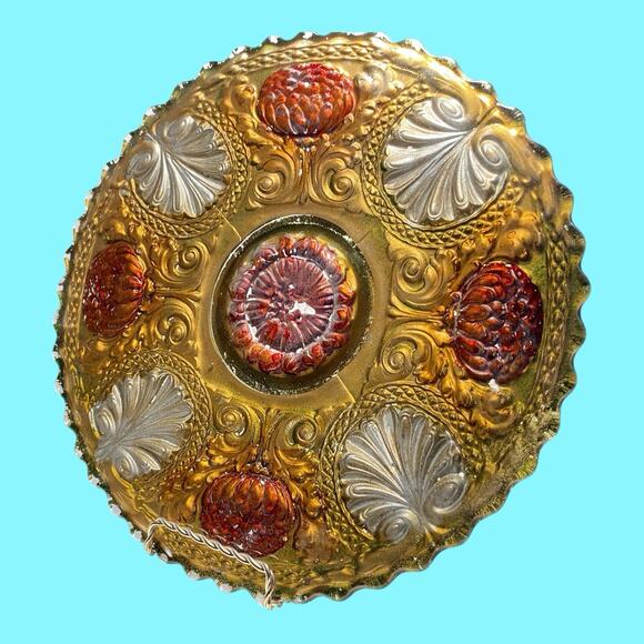 Antique EAPG Goofus Glass 11" Plate Gold Red Flowers Silver Acanthus Leaves - Picture 3 of 6
